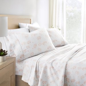 Noble Linens 4-Piece Queen Flannel Sheet Set, Pink Flower