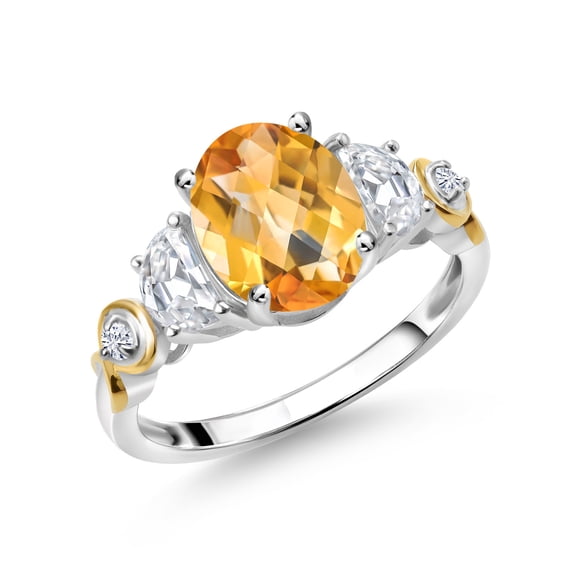 Gem Stone King 925 Silver and 10K Yellow Gold 3-Stone Ring Oval Checkerboard Yellow Citrine and Moissanite (2.15 Cttw, Size 9)