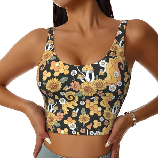 Balery Mushrooms Honeycomb Sujetadores deportivos con espalda cruzada para mujer, acolchados, sin costuras, de alto impacto, ideales para yoga, gimnasio, entrenamiento y fitness.-