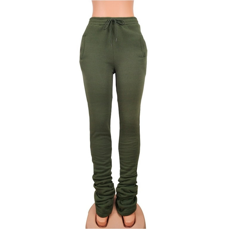 Womens Stacked Leggings Pants Thicken Warm High Elastic Waist Tie Fashion  Ruched Casual Sweatpants Streetwear (Large, Army Green)