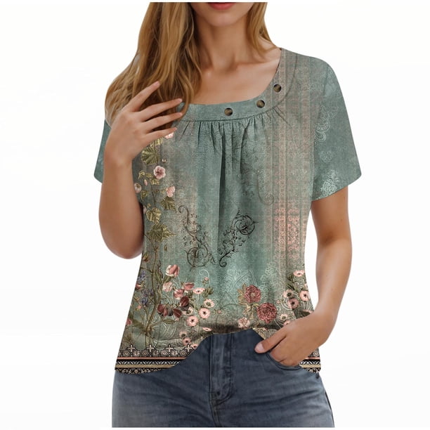 Camisetas de Cuello Redondo Impreso Gradiente de las Mujeres, Manga Corta Casual Top para el Uso Diario