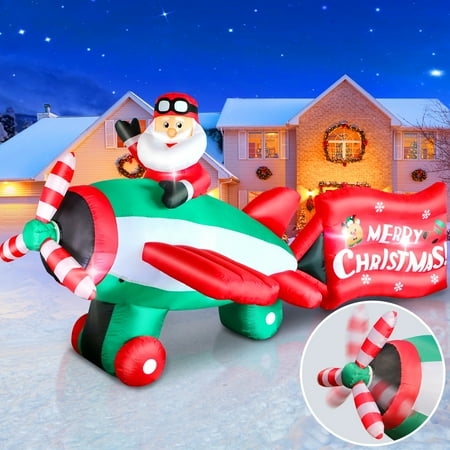 10.5Ft Christmas Inflatables Santa Claus On Animated Helicopter, Blow Up Santa Flying Airplane With Wishes, Giant Lighted Inflatable Outdoor Decorations For Xmas Yard Holiday Party Garden Lawn Decor
