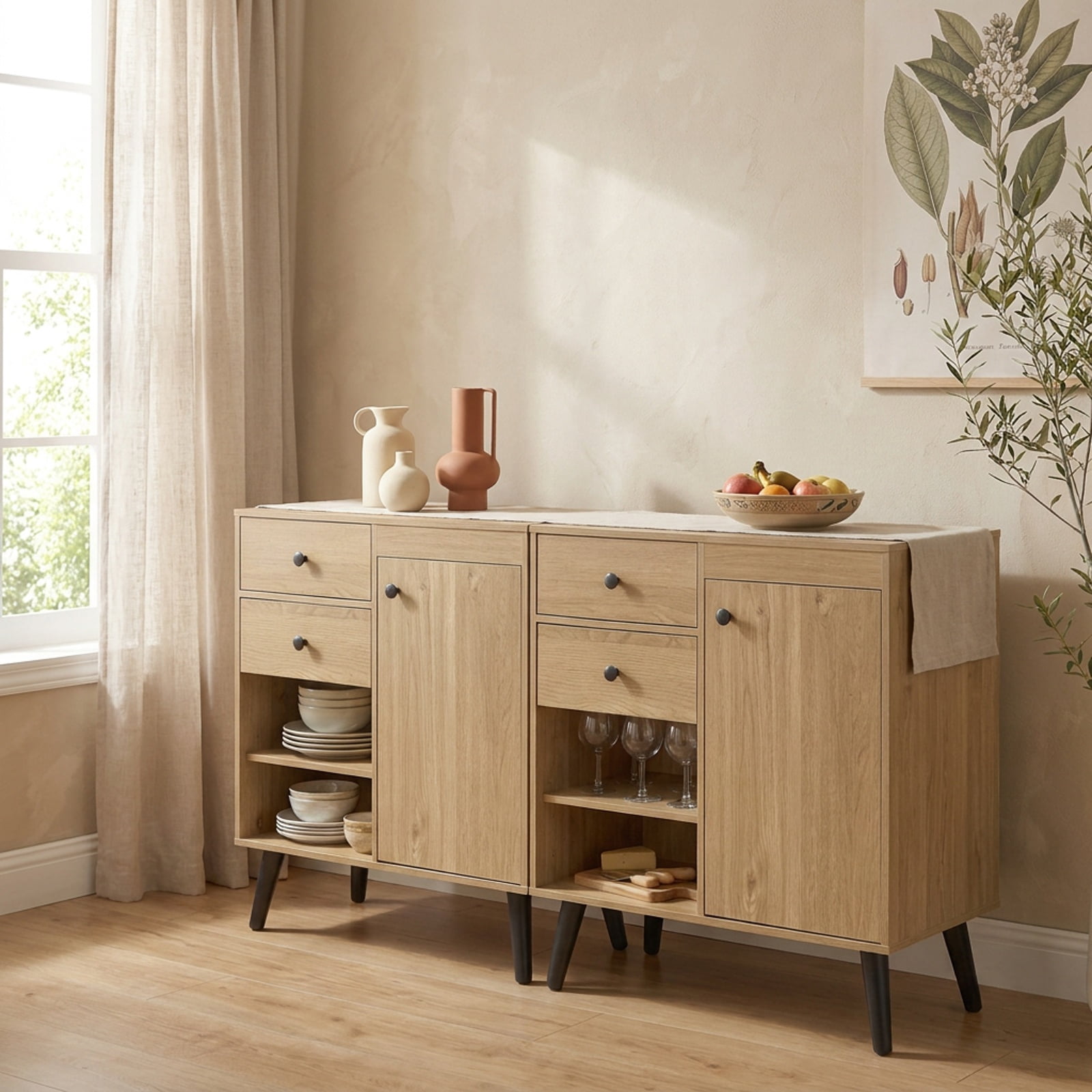 Furnibear 31" Sideboard Cabinet with 2 Open Compartments and 2 Drawers-Natrual for Kitchen Dining Living Room Buffet Storage Server, Natural