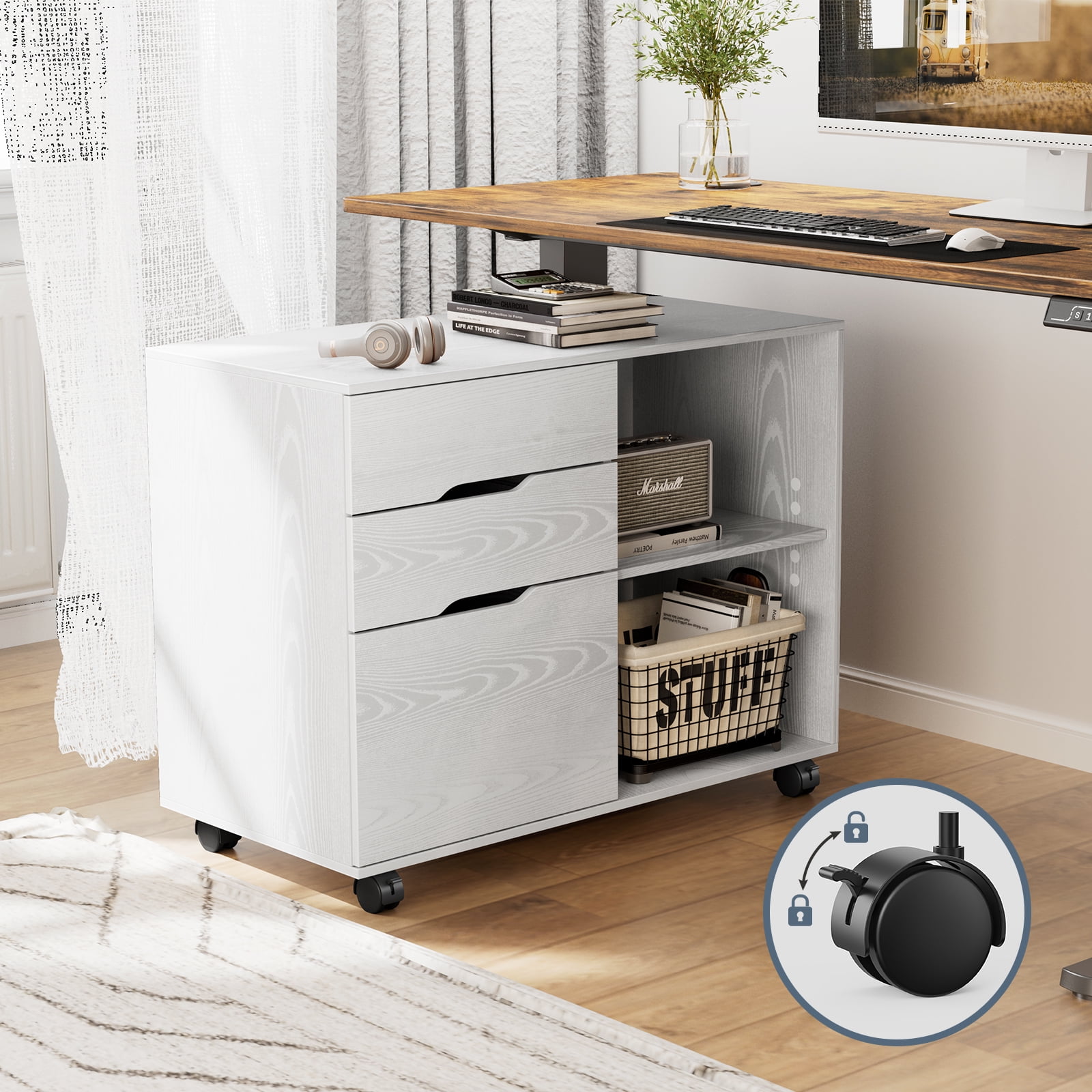 LIFERECORD 3-Drawer Wood File Cabinet with Wheels Under Desk Mobile Storage Organizer White