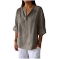 thumbnail image 2 of Danhjin Linen Shirts For Womens Casual Loose Collared Button Down Blouses Spring Summer Beach Tops Short Sleeve Soild Color V Neck Shirts, 2 of 6