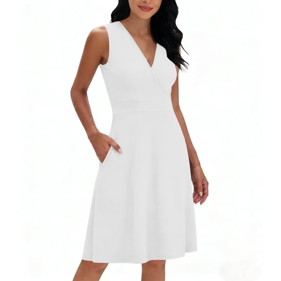Fewfanho Women Dresses Sleeveless V Neck Vintage Pockets Swing Business Church Dress