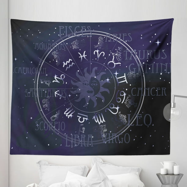 Astrology Tapestry, Horoscope Zodiac Sign in Circle Wheel Shape on Star Seem Backdrop Print, Fabric Wall Hanging Decor for Bedroom Living Room Dorm, 5 ...