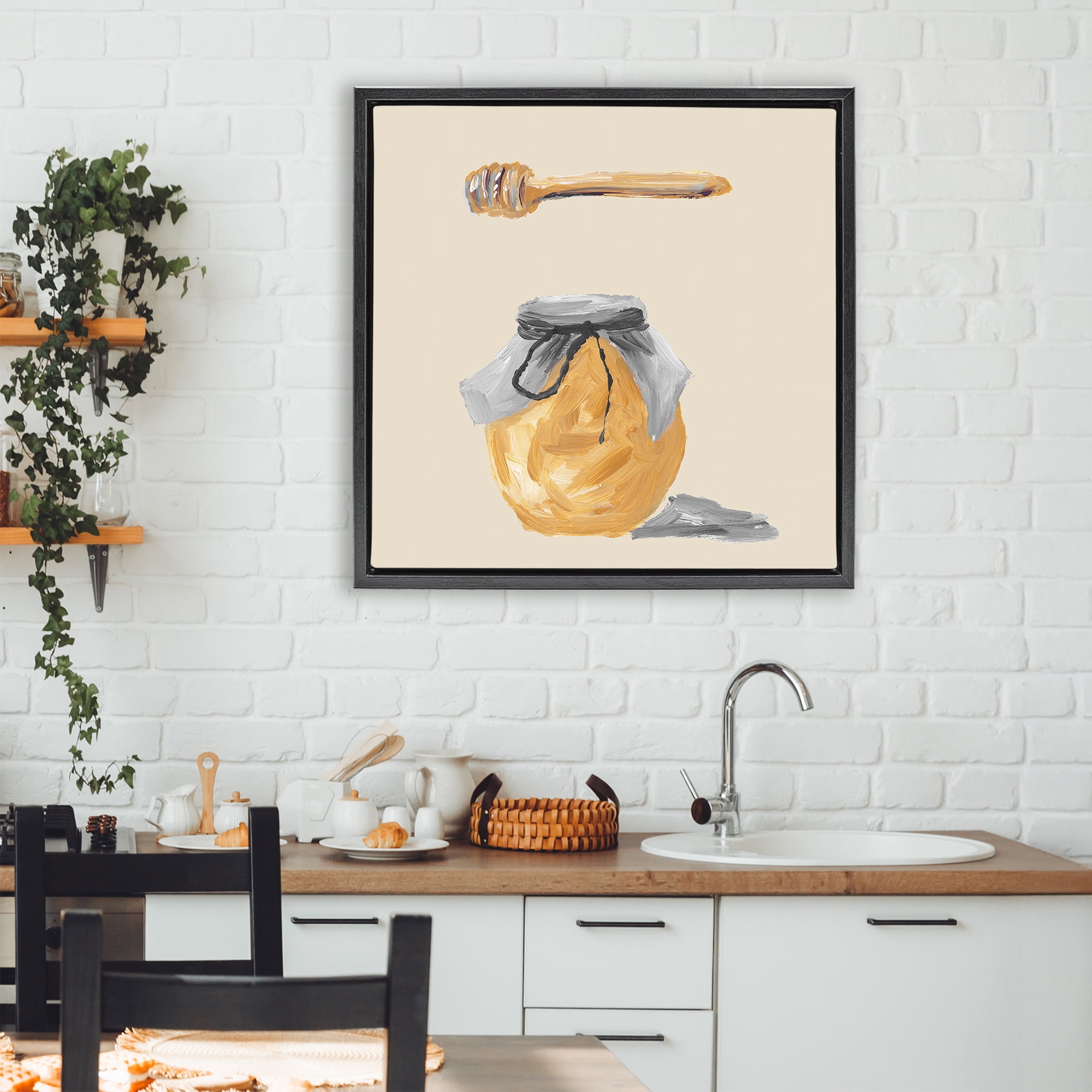 Stupell Industries Honey Jar over Tan Black Framed Floater Canvas Wall Art, design by Lucille Price