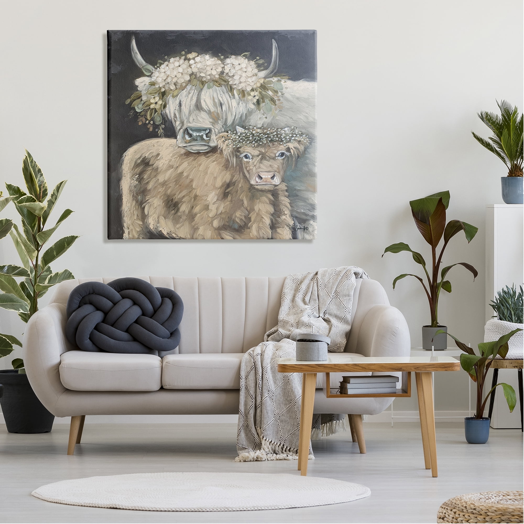Stupell Highland Cattle Hydrangea Flower Garlands Animals & Insects Painting Gallery Wrapped Canvas Print Wall Art