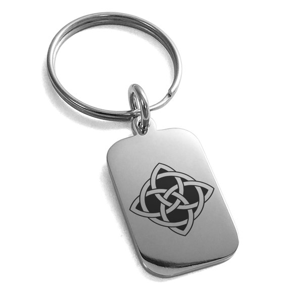 Stainless Steel Celtic Quaternary Cross Knot Engraved Small Rectangle Dog Tag Charm Keychain Keyring