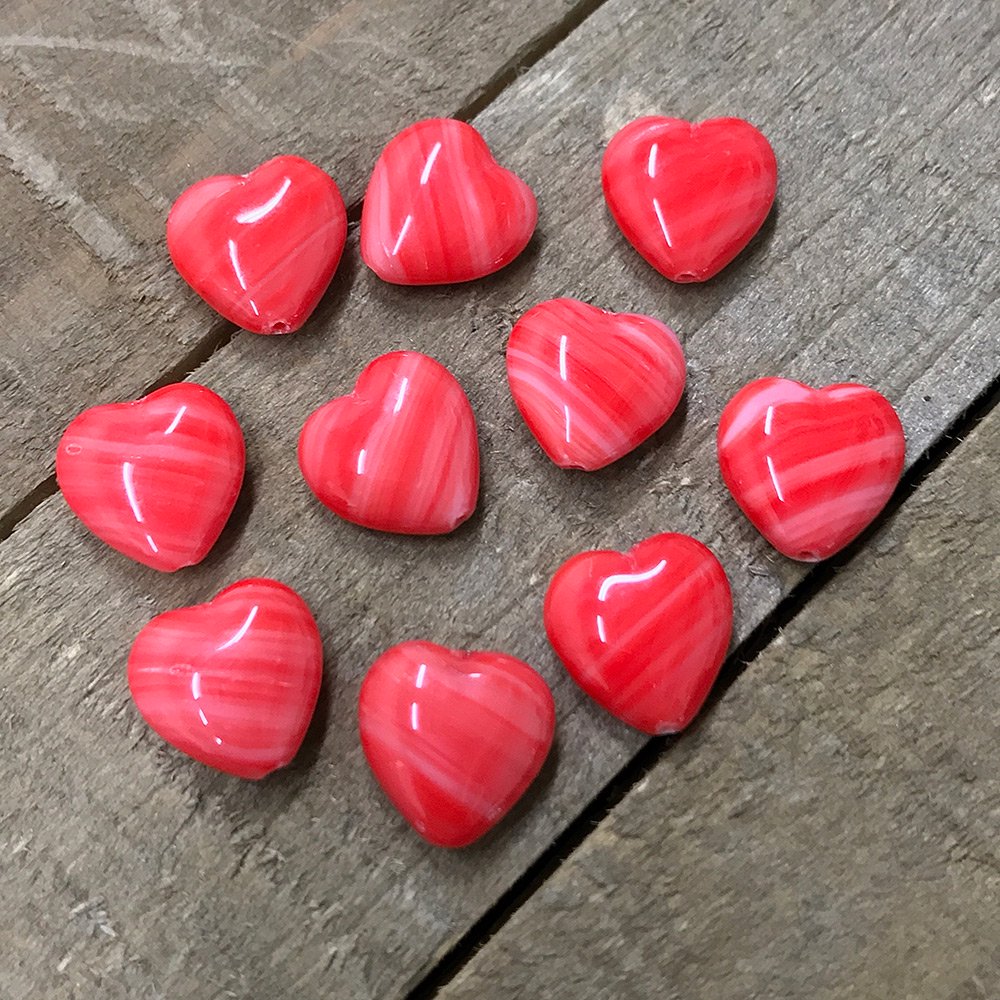 Czech Glass Beads, Heart 15mm, 10 Pieces, Red Swirl