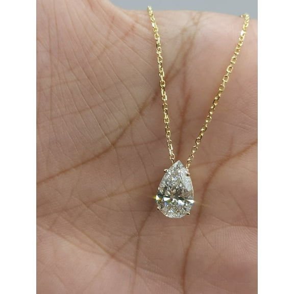 2.00 CT Pear Cut Real Moissanite Solitaire Pendant, Attached On Chain Teardrop Necklace For Women Perfect Gift For Her 18K Yellow Gold Plated