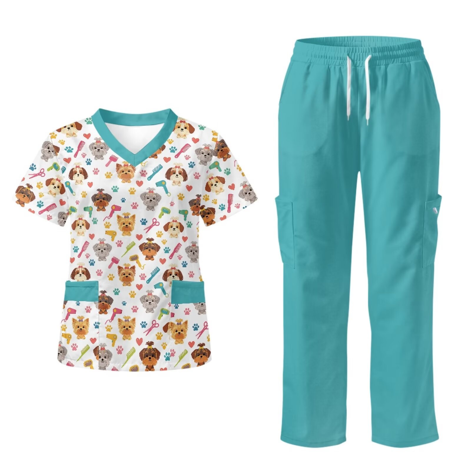 Yspwyqan Dog Paw Scrubs for Women Set, 2 Piece V-Neck Short Sleeve Scrub Top & Straight Leg Cargo Pants, Stretchy Breathable Nurse Unforms with 6 Pockets for Pet Grooming, Size S