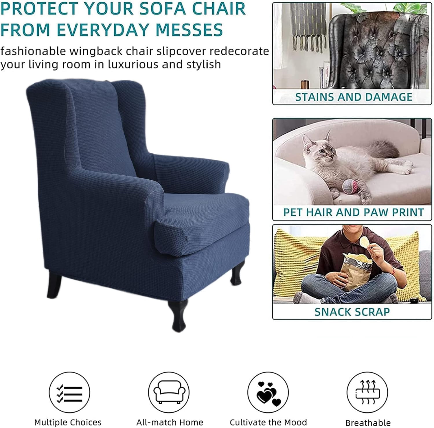 CHUNTIAN Wingback Chair Covers Slipcovers 2 Piece Stretch Wing Chair Covers Spandex Slipcovers Wingback Sofa Covers Armchair Covers Non-Slip Furniture Protector for Living Room Wingback Chairs, A13