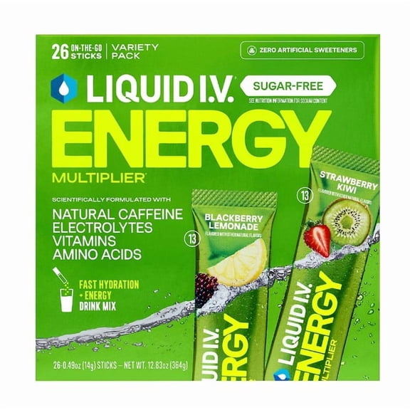 Liquid I.V. Energy Multiplier Sugar-Free Drink Mix, Strawberry Kiwi & Blackberry Lemonade, Sticks, 26 ct.