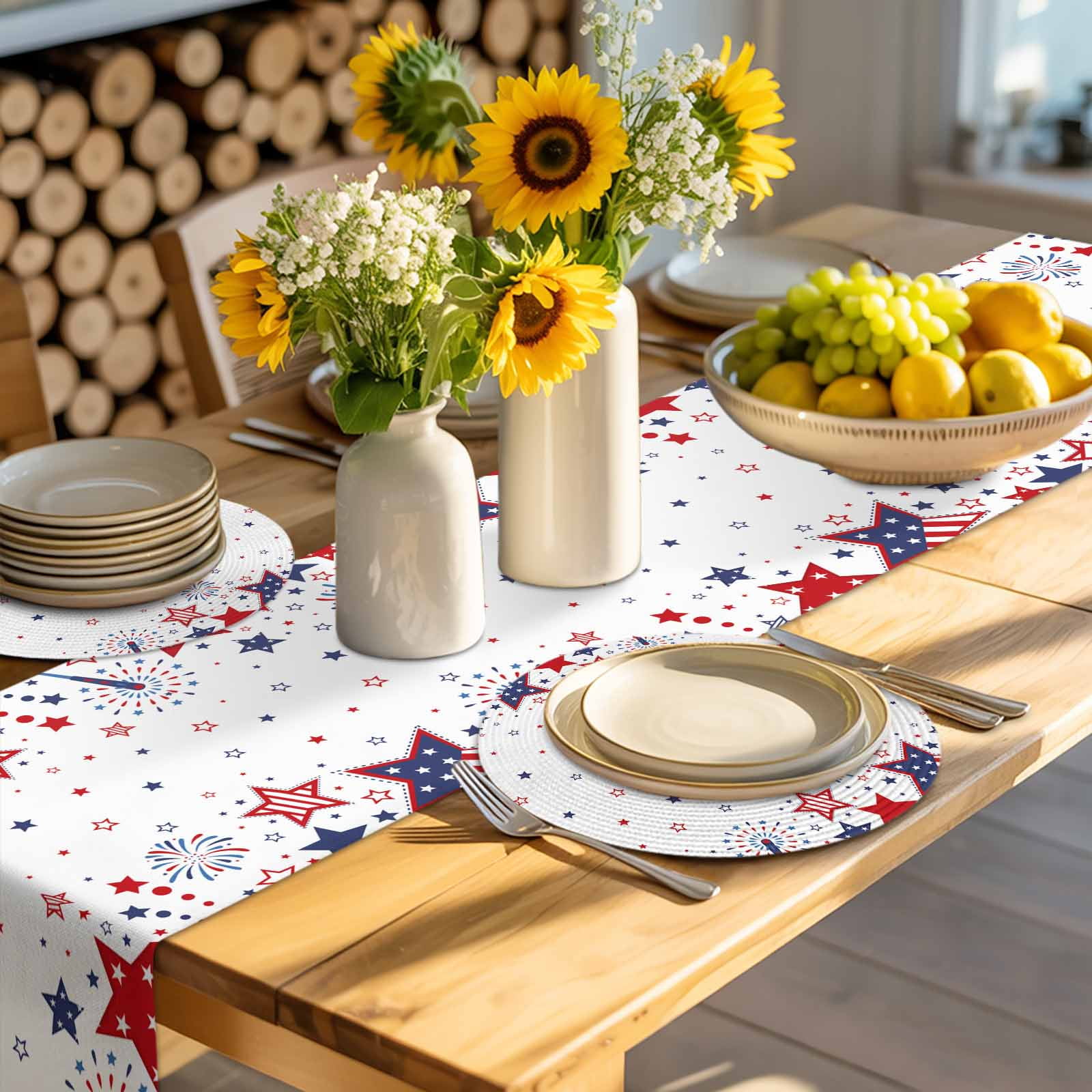 4th of July Round Table Placemats set of 6, Patriotic Red Blue Stars Fireworks Washable Woven Place Mats for Dining Tables Kitchen Party Decor,Heat Proof, 13in, White