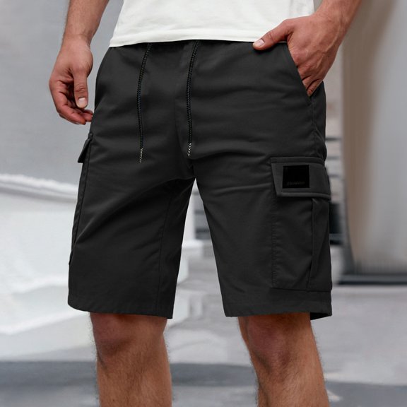 Domuza Mens Casual Cargo Shorts - Drawstring Stretch Waist Summer Beach Shorts Chino Short with Pockets Black L