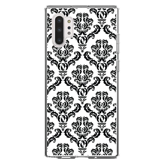 DistinctInk Clear Shockproof Hybrid Case for Galaxy Note 10 PLUS (6.8" Screen) - TPU Bumper, Acrylic Back, Tempered Glass Screen Protector - White Black Damask Pattern - Floral Damask Pattern