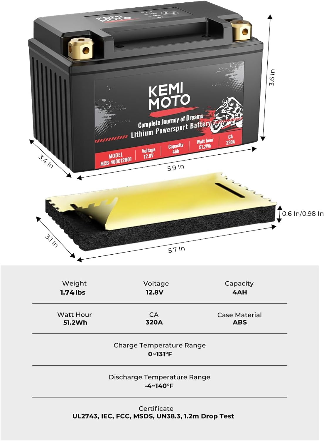 KEMIMOTO Lithium Motorcycle Battery YTX9-BS/YTX7A-BS, LiFePO4 12v Lithium Battery 4Ah with 5 Spacers, Generator Battery with Pure Copper Terminal, Compatible with Motorcycle Lawn Mower ATV UTV Can-Am