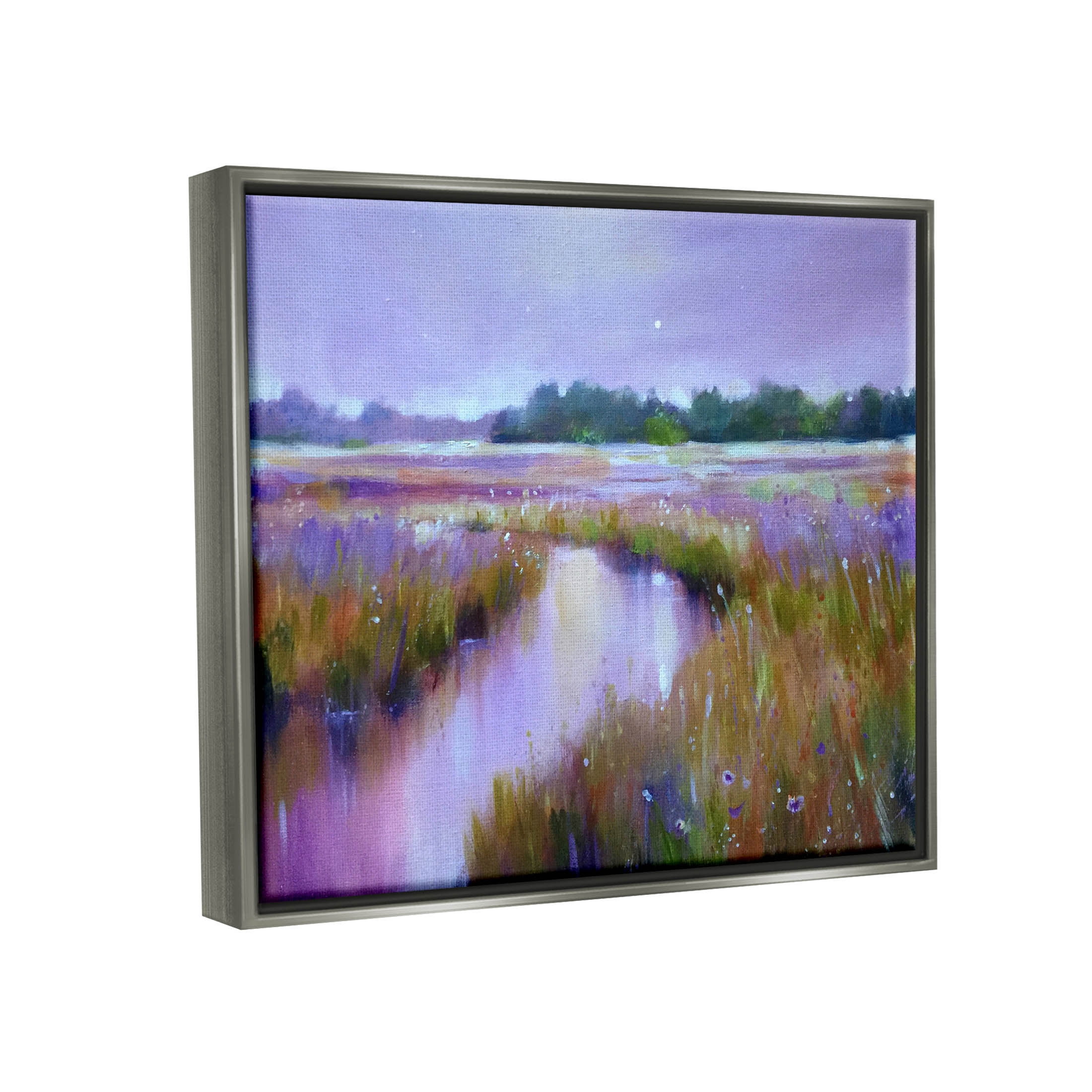 Vivid Purple Dusk Rural Stream Landscape Painting Luster Gray Framed Art Print Wall Art