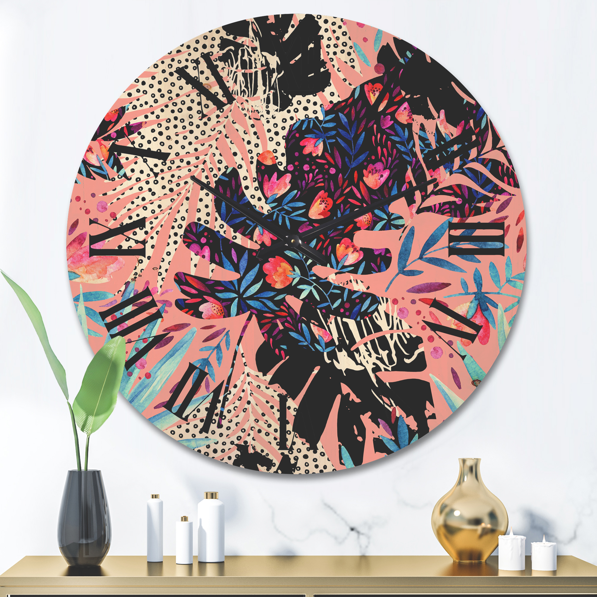 Designart 'Abstract Tropical Floral Patchwork II' Tropical Wood Wall Clock