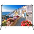 thumbnail image 3 of 7 x 5 ft Greece Santorini Island Backdrop White Houses Architecture Romantic Aegean Sea Blooming Flowers Backdrops Greece City Town View Holiday Studio Props Wedding Birthday Banner Photo Background, 3 of 3