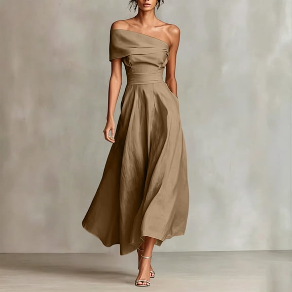 Dolkfu Short Sleeve Women'S Summer Dresses Cotton Blend Yellow Waist Cinched Boat Neck Long Fit & Flare Dresses Solid Regular Casual Dresses Khaki,L