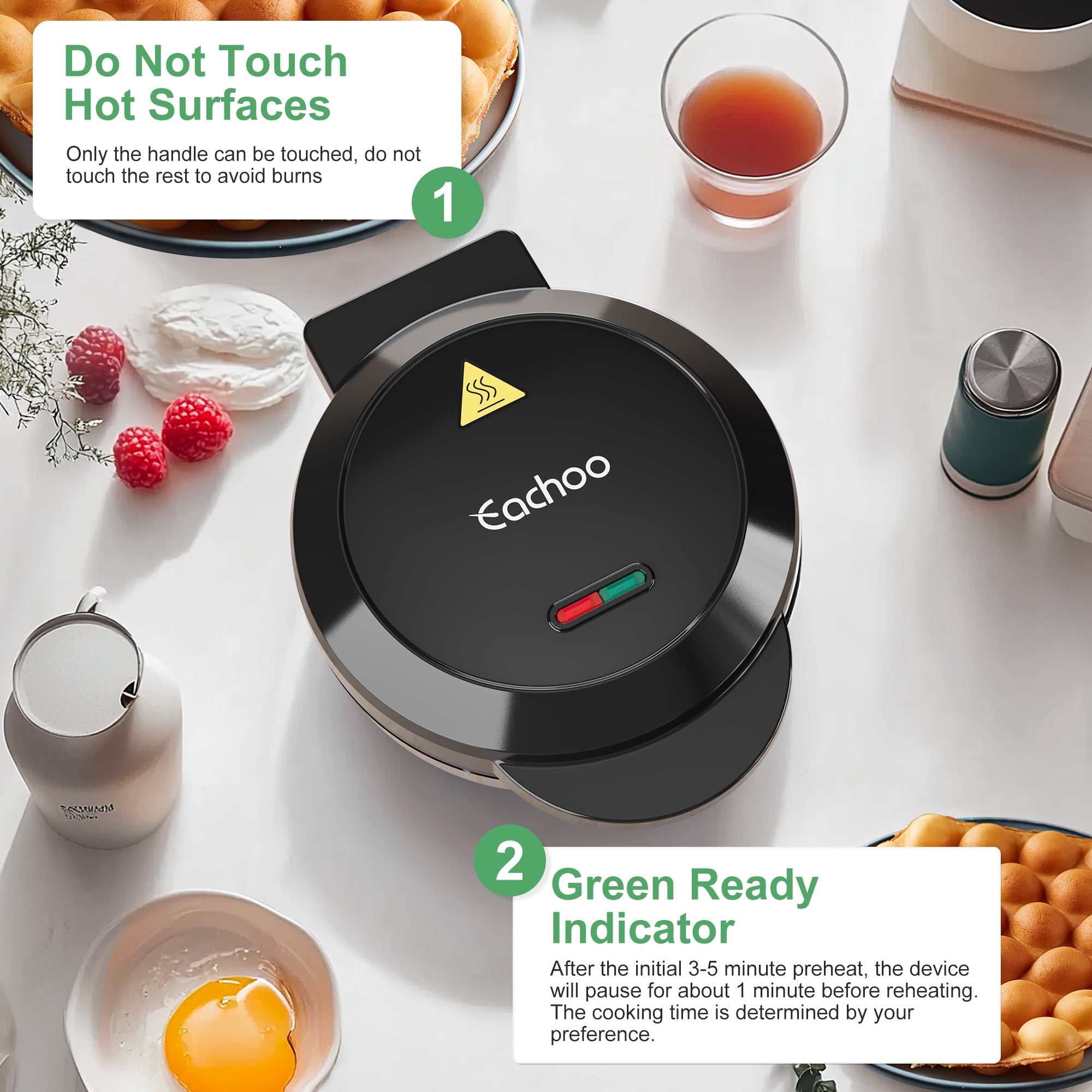 CACHOO Bubble Waffle Maker- Electric Non stick Hong Kong Egg Waffler Iron Griddle - Ready in under 5 Minutes(1200W, Black)