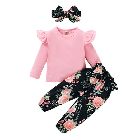 

KIMI BEAR Toddler Girls Outfits 2T Toddler Girls Autumn Winter Outfits 3T Toddler Girls Casual Solid Color Long Sleeve T-shirt + Rose Print Pants + Headband 3PCs Set Pink