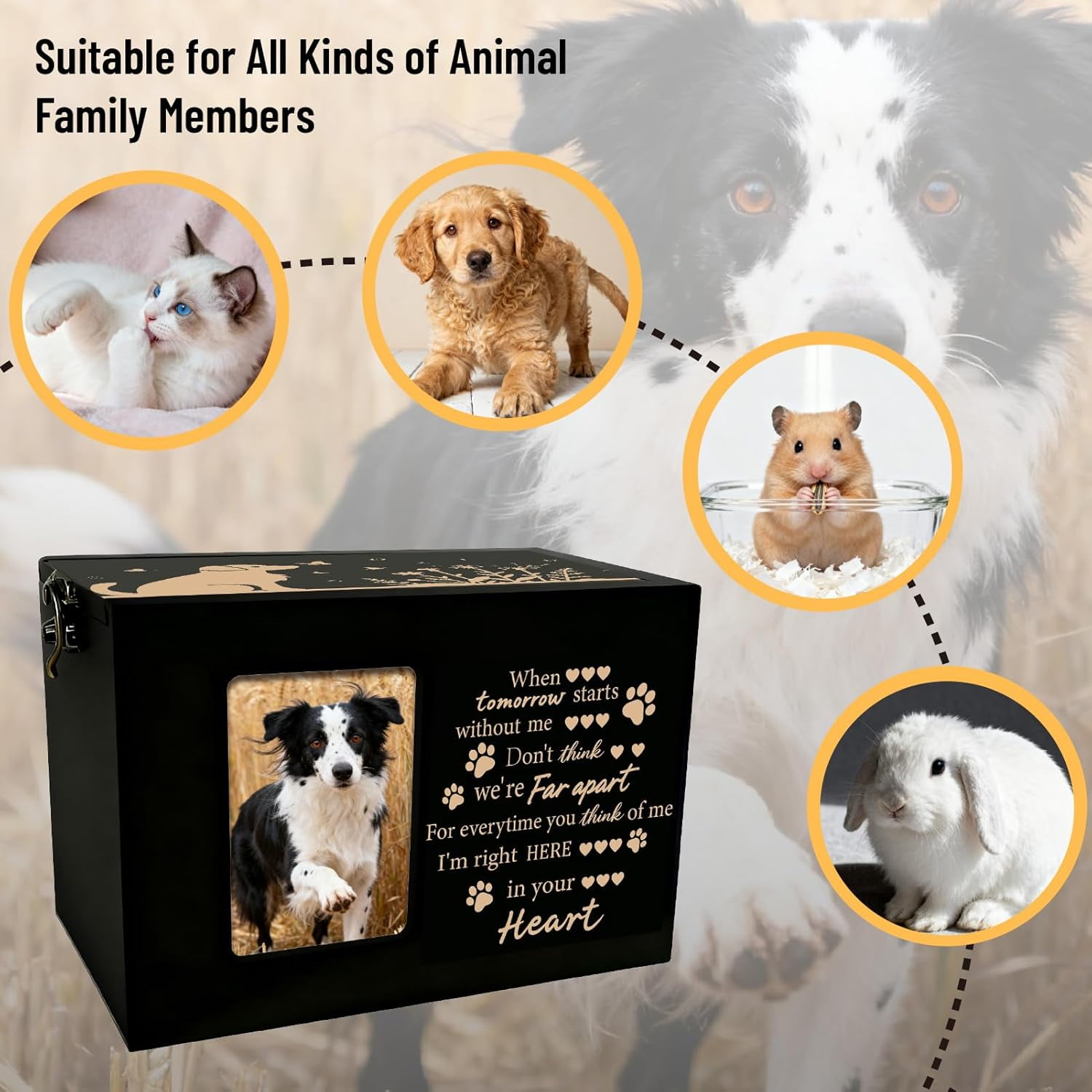Dog Pet Urn Wooden Pet Memorial Box Dog Flower Butterfly Words Pattern Rectangle Storage Containers Cremation Box with oto Frame