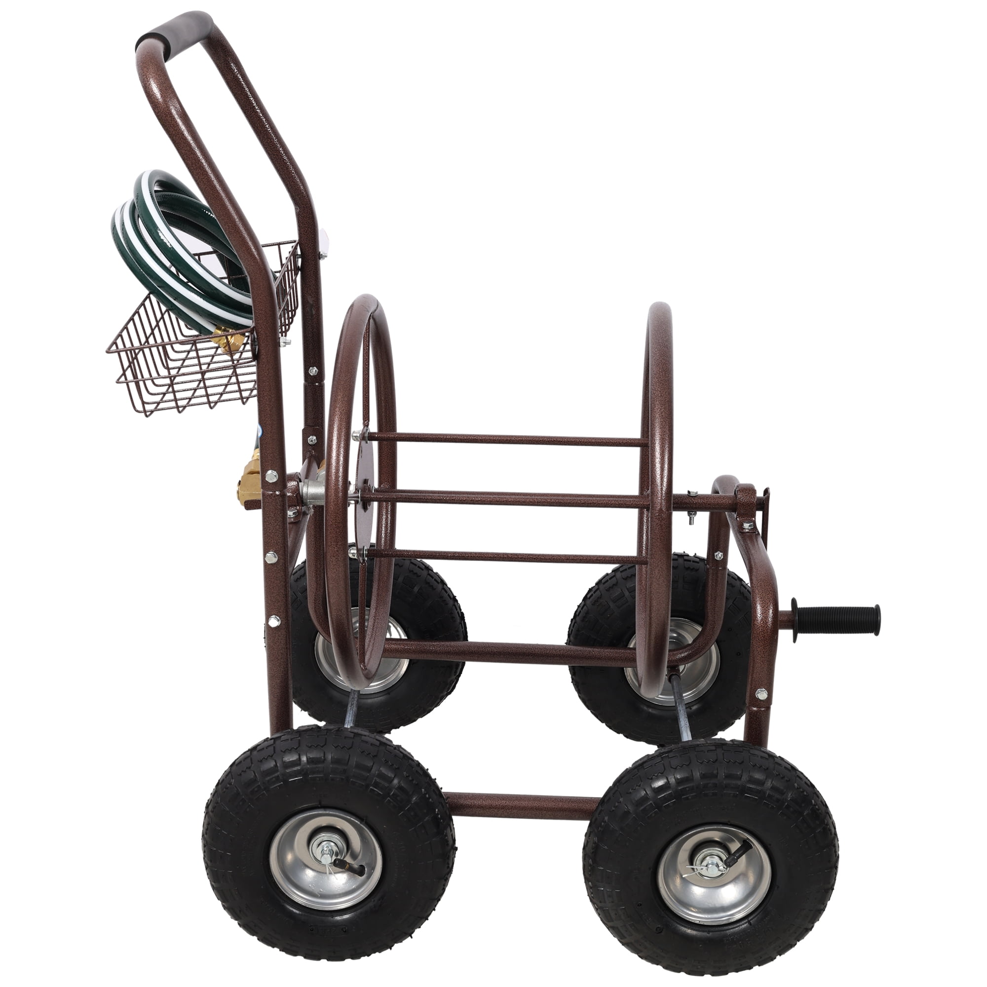 Garden Hose Reel Cart, Heavy-Duty 4-Wheel Hose Cart Holds 250ft 5/8" Hose with Storage Basket, Rust-Resistant Steel Frame for Yard, Lawn