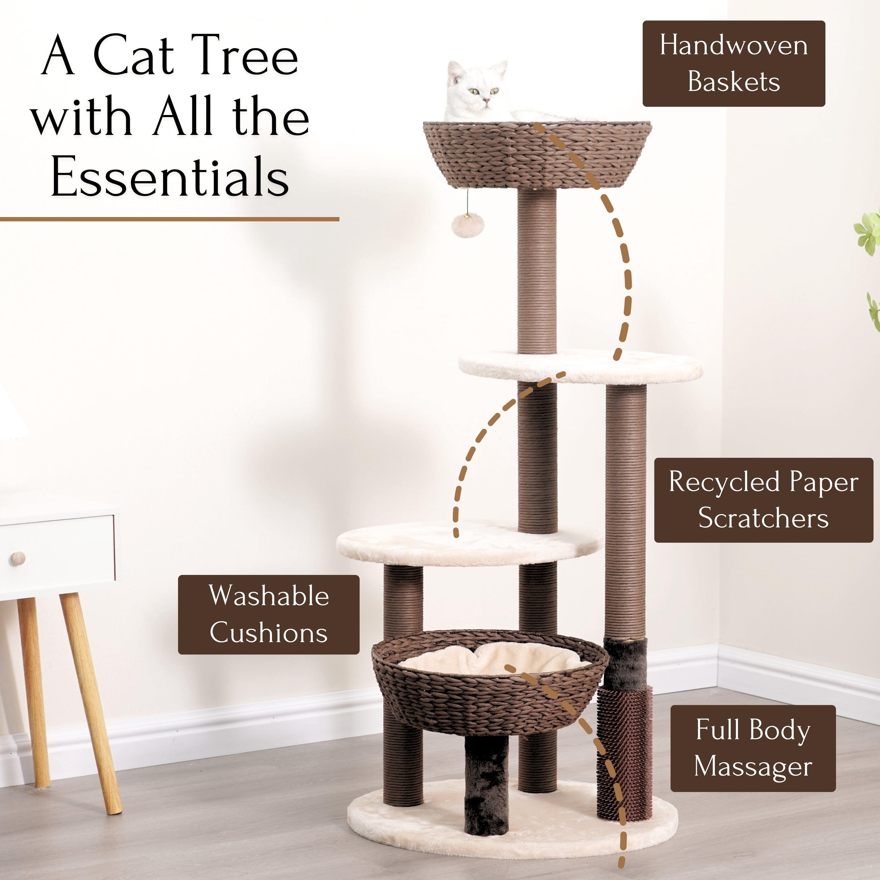 PetPals® 48"High 5-Lvl Large Cat Tree with Perches, Scratching Posts, Basket beds & Groomer, Beige