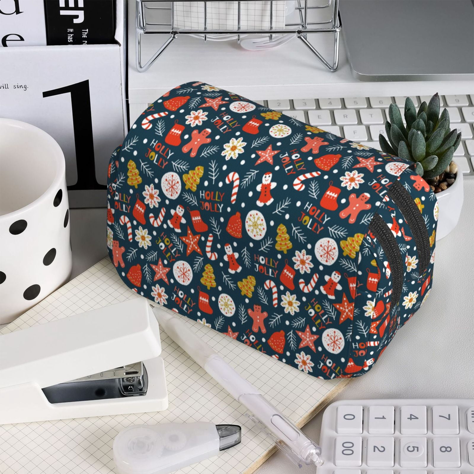 Rateoe Holiday Christmas Cookies Pattern Double Clamshell Pen Case, Storage Organizer with Two Zipper Compartments– Holds Up to 50 Pencils & Pens