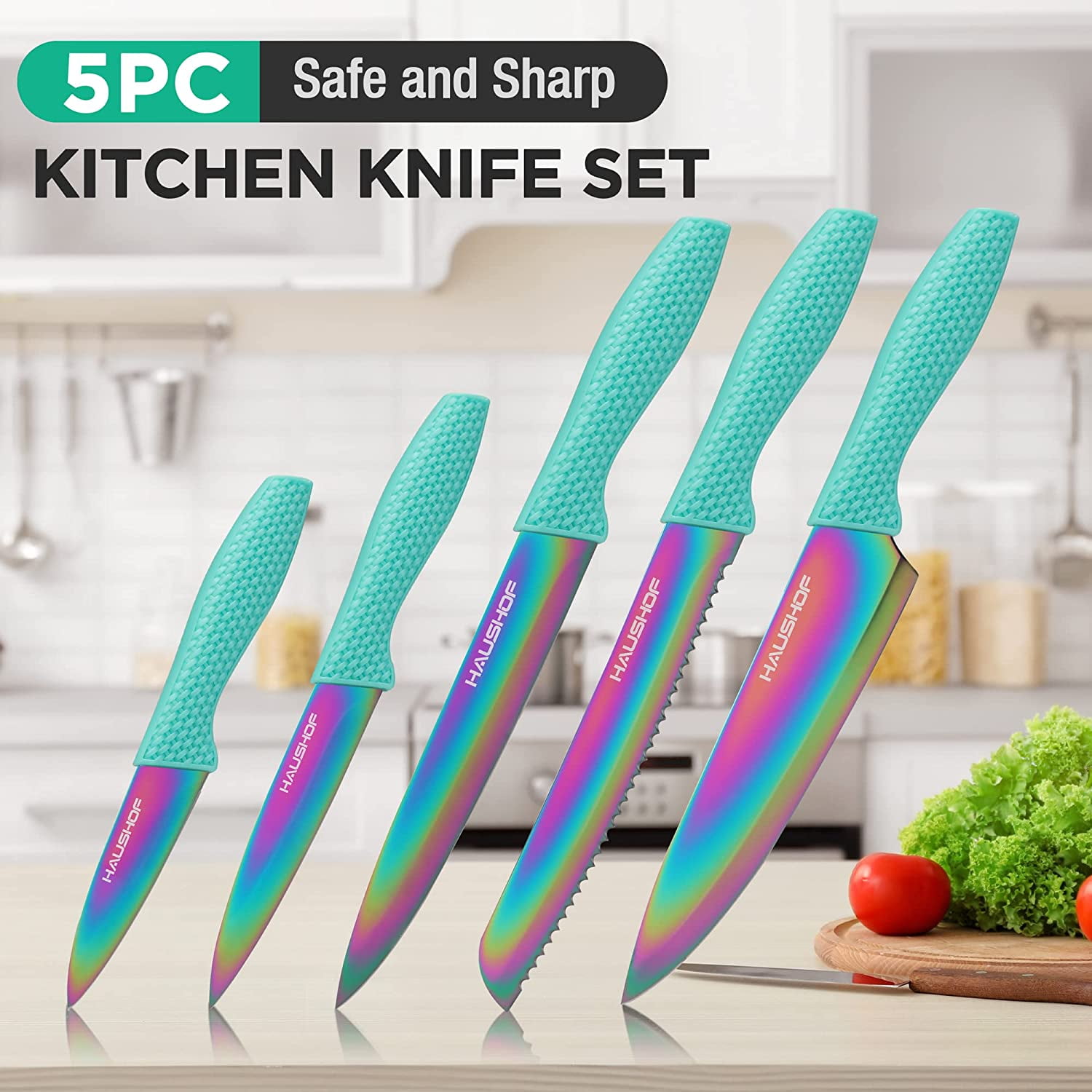 Ga HOMEFAVOR Knife Set, 5-piece Kitchen Knife Set Nonstick Coated with 5  Blade Guard, Multicolored