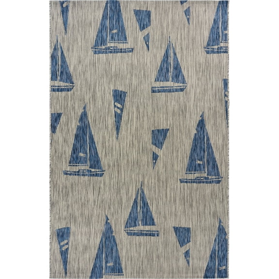 LR Home Camila 5' x 7', Gray/Blue Sailboat Fade, Stain, and Moisture Resistant Indoor/Outdoor Area Rug