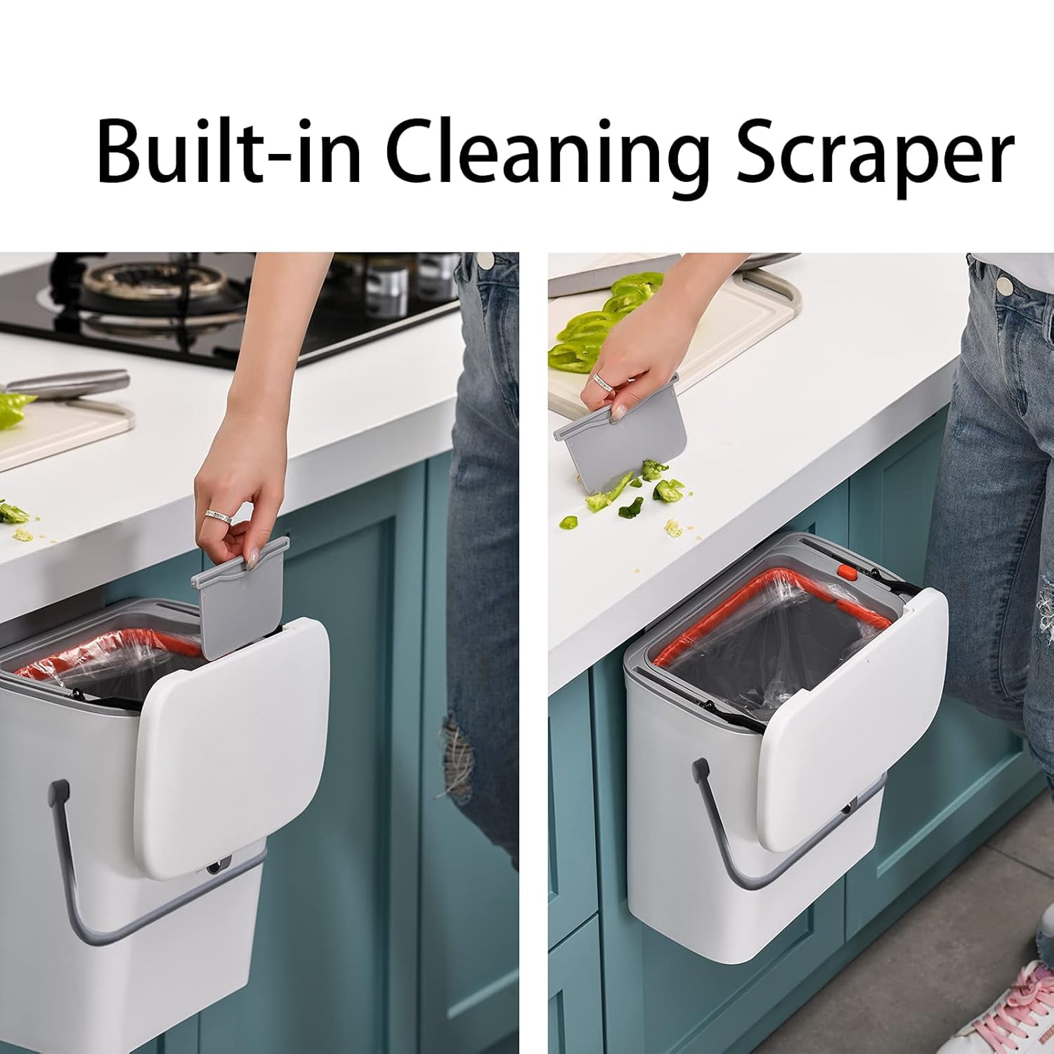 2 in 1 Kitchen Trash Can & Slide Lid, Under Sink Garbage Can, 2.4 Gal Waste Bins & Inner Barrel,Portable Hang Trash Bin, with Sticky Hook & Scraper