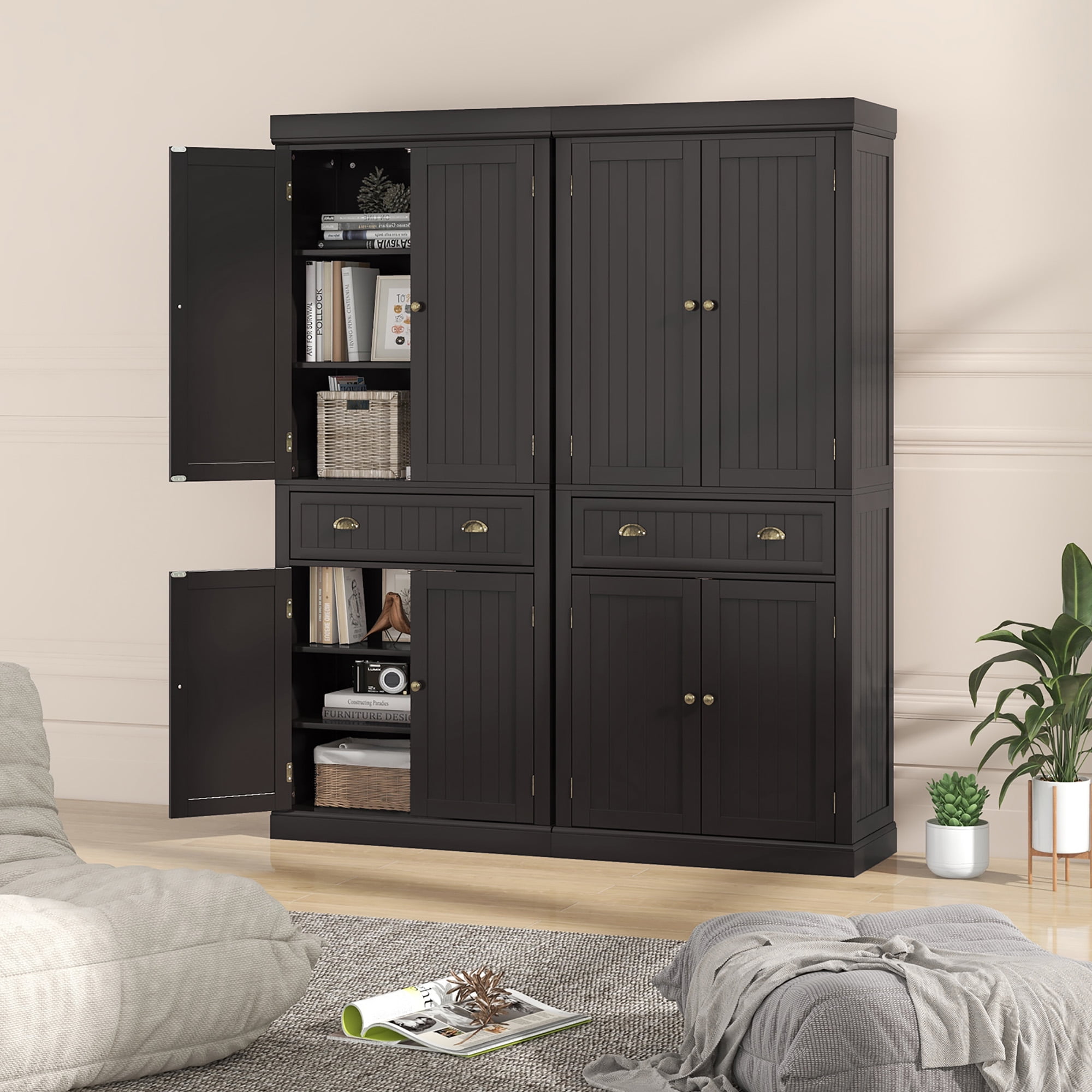 Gymax 72'' Kitchen Pantry Storage Cabinet Tall Freestanding Cupboard w/ 4 Doors Large Drawer Brown