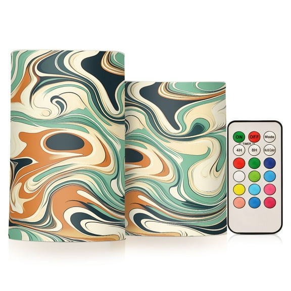 Flickering Flameless LED Candles set of 2 Battery Operated 18-Key Remotes Timer Halloween Fall Decor Teal Orange Marble D3''xH4''5''