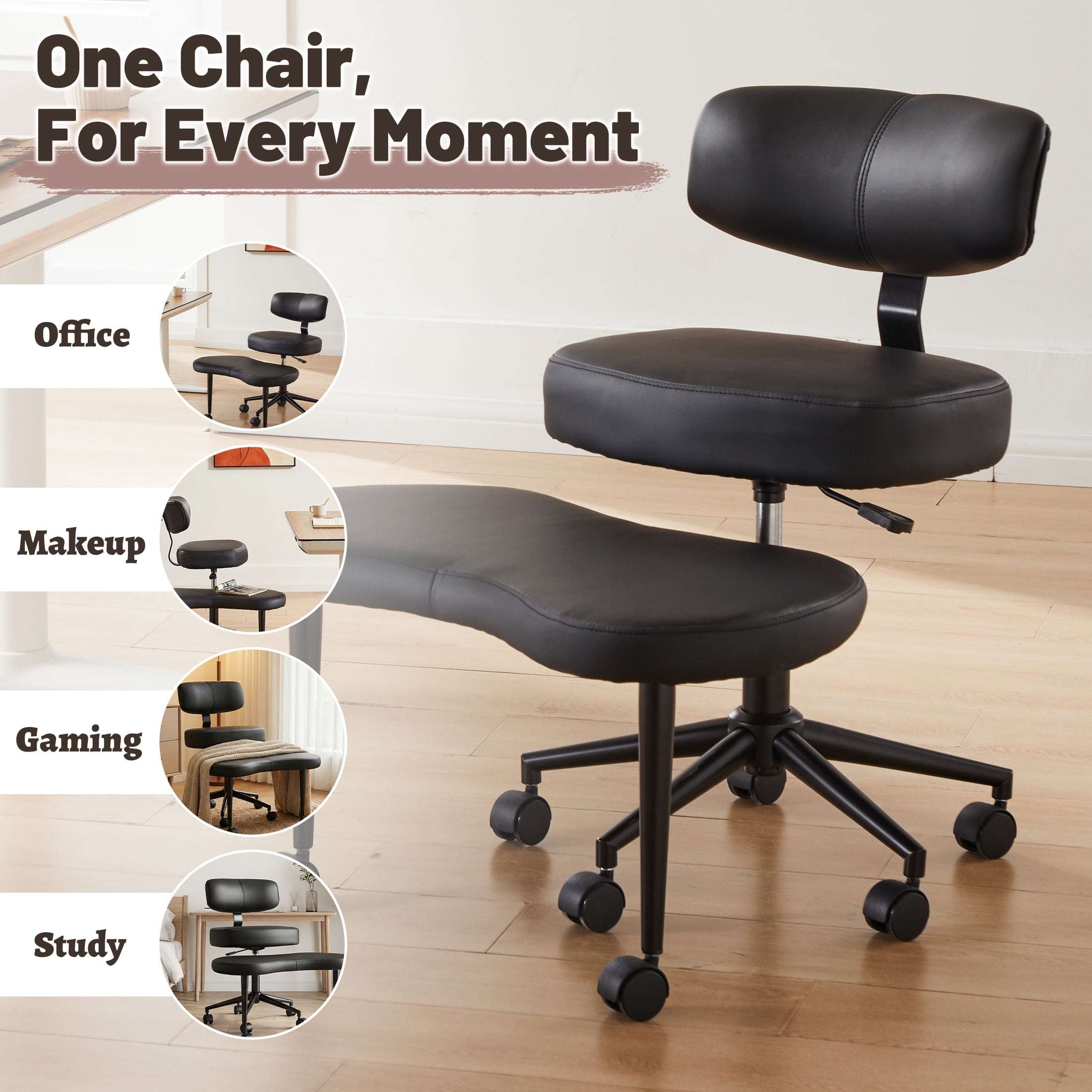 MCQ Ergonomic Cross Legged Office Chair for Adults, PU Leather, Adjustable Height, 360° Swivel, Black