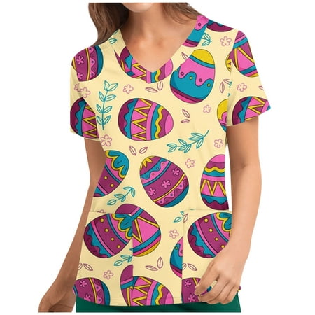 

Summer Tops for Women 2022 Loose Nursing Scrubs for Women with Print Short Sleeve Tunic Tops V Neck Shirts Baggy Graphic Tees Colorful Workwear