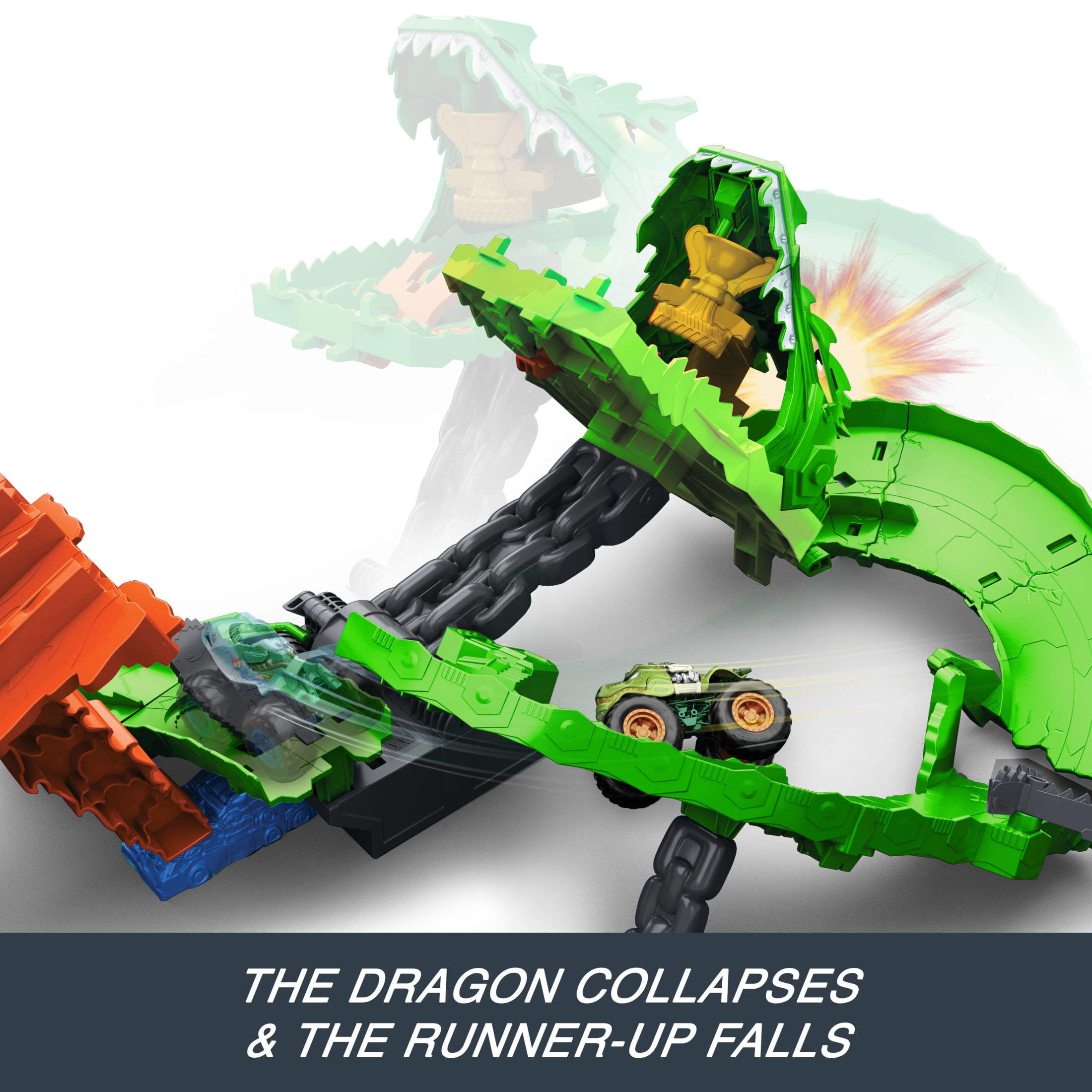 Hot Wheels Monster Trucks Sharks vs. Dinos Dragon Destruction Playset & 2 Toy Trucks