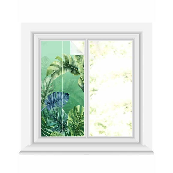 Window Privacy Film Tropical Leaves Stained Glass Window Film Decorative Sun Block Window Cover Country Summer Botanical Green Plants Window Clings Static Adhesive Sticker for Bathroom 19.6"x39.3"