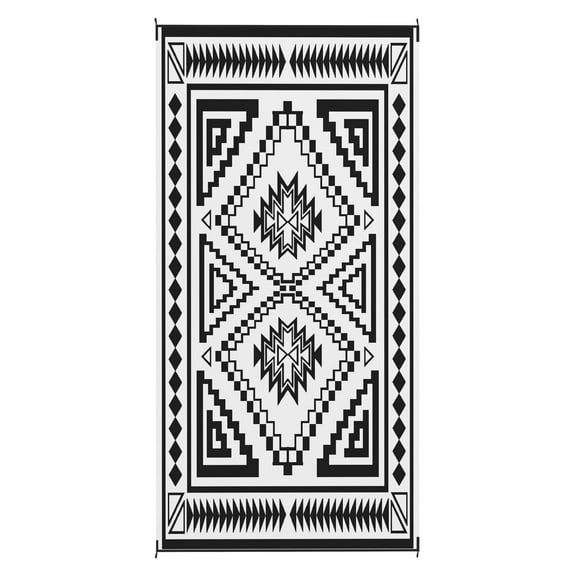 Outdoor Rug 9x18 Reversible Patio Rug - Waterproof Plastic Straw w/Carry Bag - Black & White Square Patchwork - Camping, RV, Beach, Picnic