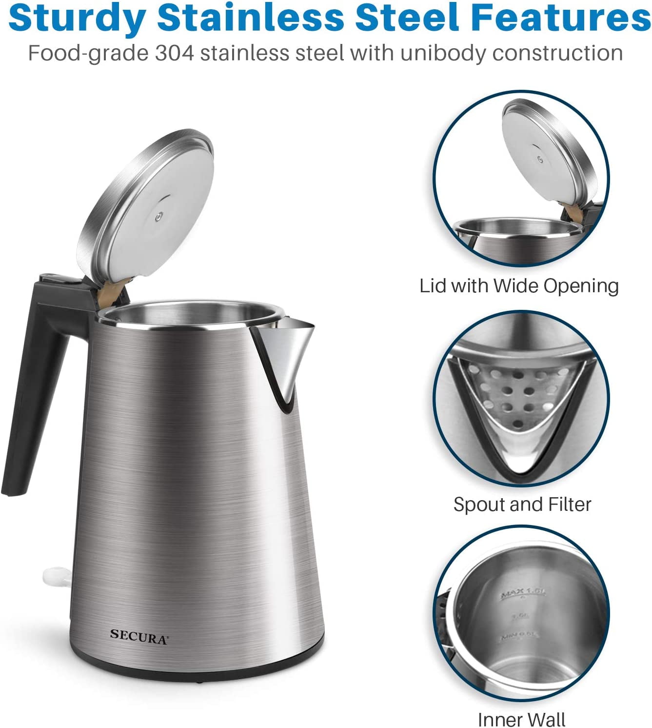 Secura SWK-1201DRO Stainless Steel Electric Tea Kettle with Auto Shut-Off &  Boil Dry Protection