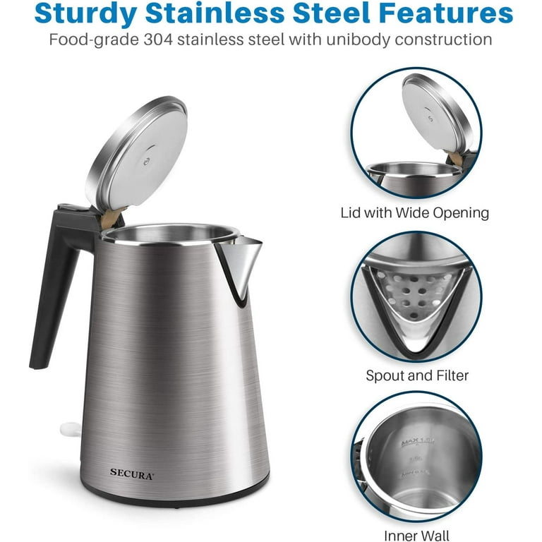 Secura Stainless Steel Double Wall Electric Kettle Water Heater for Tea  Coffee w/Auto Shut-Off