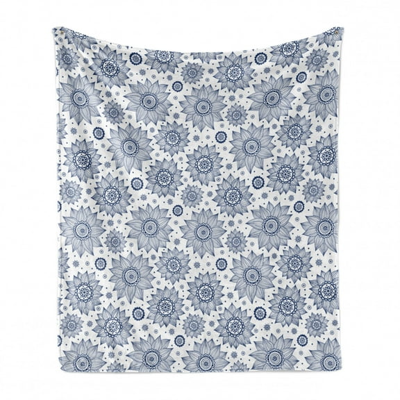 Floral Soft Flannel Fleece Throw Blanket, Nature Themed Fine Refined Sunflower Motifs and Little Ornamental Motifs, Cozy Plush for Indoor and Outdoor Use, 50" x 70", White Dark Sky Blue, by Ambesonne