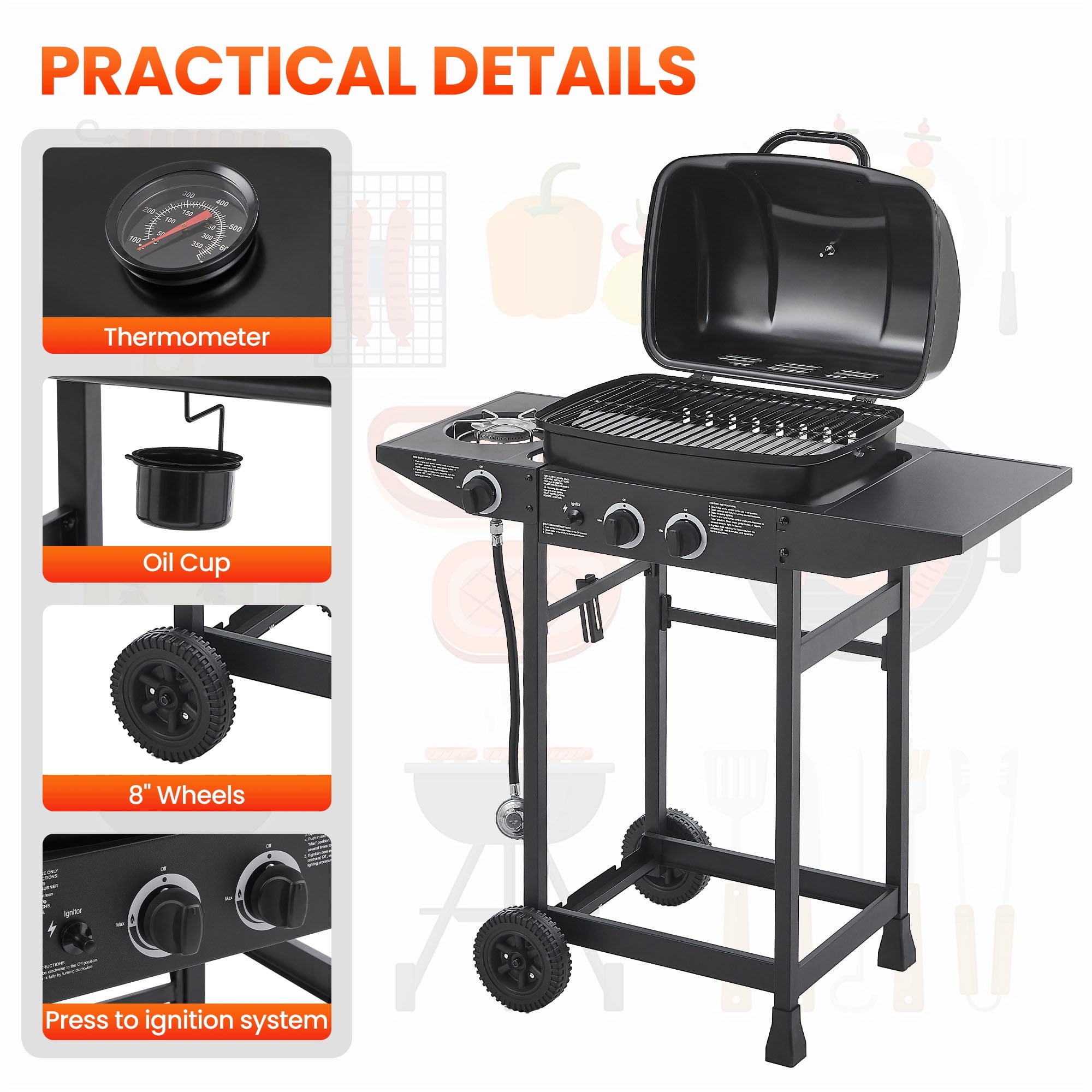 Seizeen 2-Burner Gas Grill Outdoor BBQ with Side Burner, Stainless Steel Propane Grill 24000 BTU Output, Barbecue Grill with Enameled Grate and Side Tables for Outdoor Patio Backyard Cooking