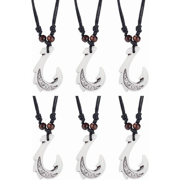 White 6Pcs White Hawaiian Maori Fish Hook Pendants 24 inch Resin Hook Pendant Cord Adjustable Necklaces Moana Fishhook Necklaces for Women Men Stylish Accessory