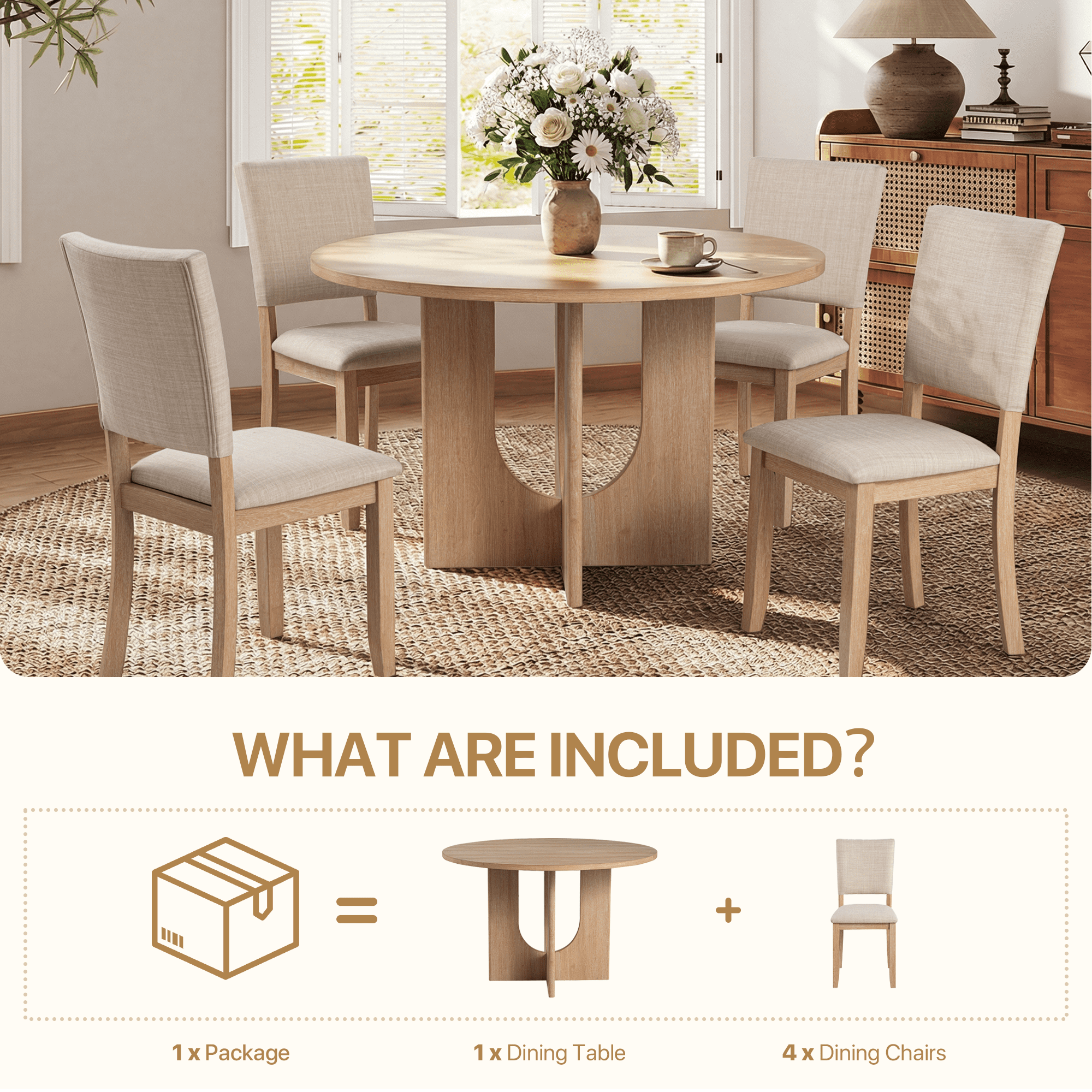Aukfa Farmhouse Wood Light Oak Upholstered Round Dining Set, 5-Piece