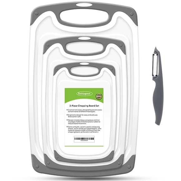 Planches à Découper pour Cuisine, Ensemble de 4 Planches à Hacher en Plastique avec Pieds Antidérapants et Rainure Profonde pour Jus, Poignée à Prise Facile